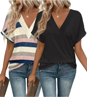 2PCS T Shirts Short Sleeve V Neck Tees Womens Fashion Tops Trendy Soft 2025 Casual Summer Spring Outfits Clothes