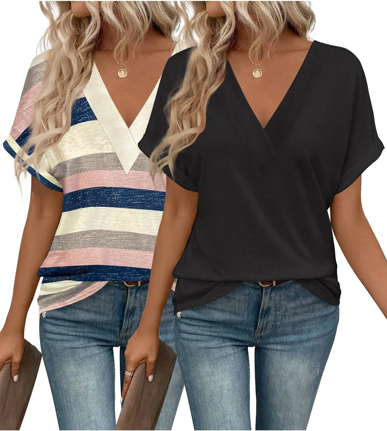 2PCS T Shirts Short Sleeve V Neck Tees Womens Fashion Tops Trendy Soft 2025 Casual Summer Spring Outfits Clothes