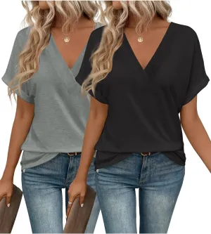 2PCS T Shirts Short Sleeve V Neck Tees Womens Fashion Tops Trendy Soft 2025 Casual Summer Spring Outfits Clothes