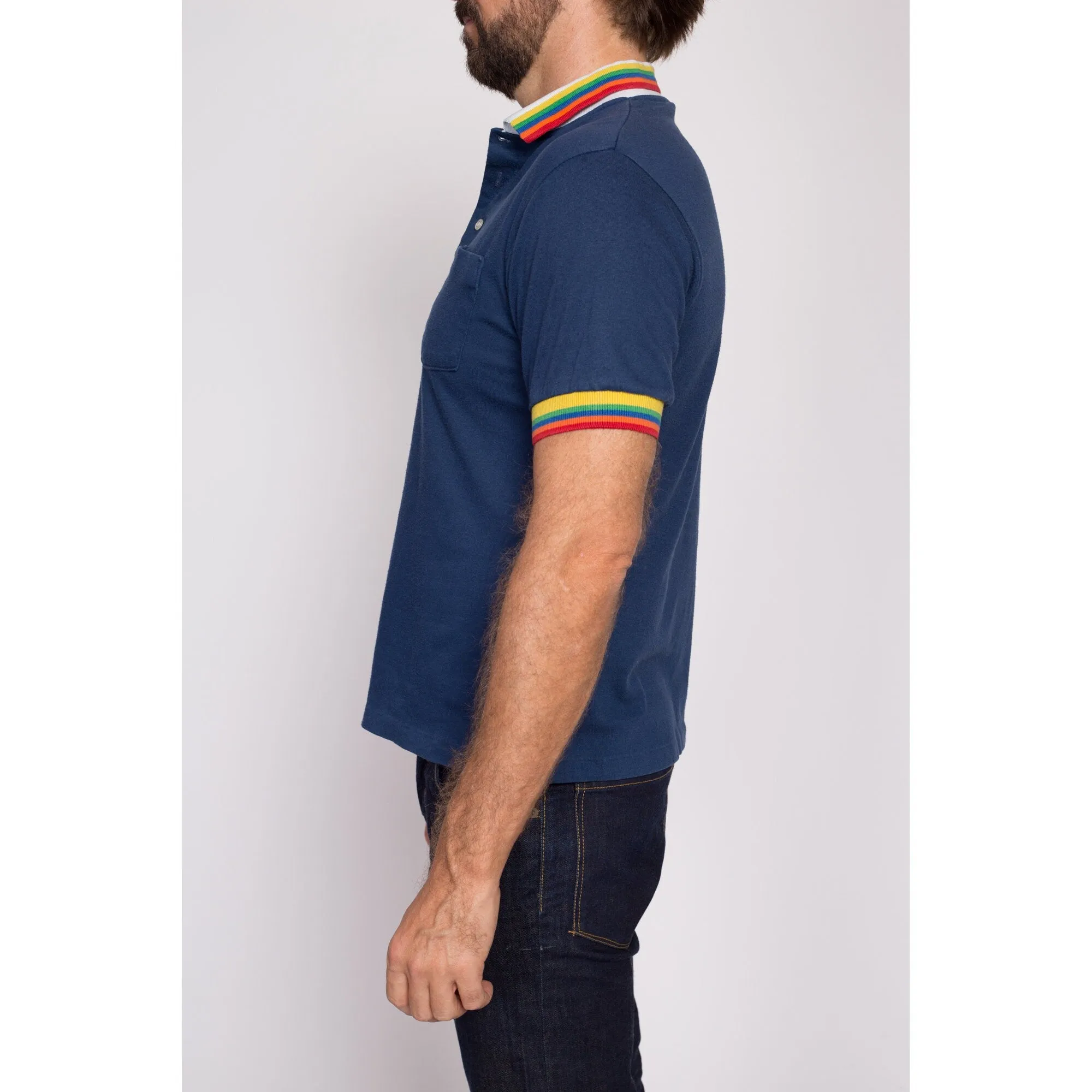 80s Rainbow Striped Polo Shirt - Men's Medium