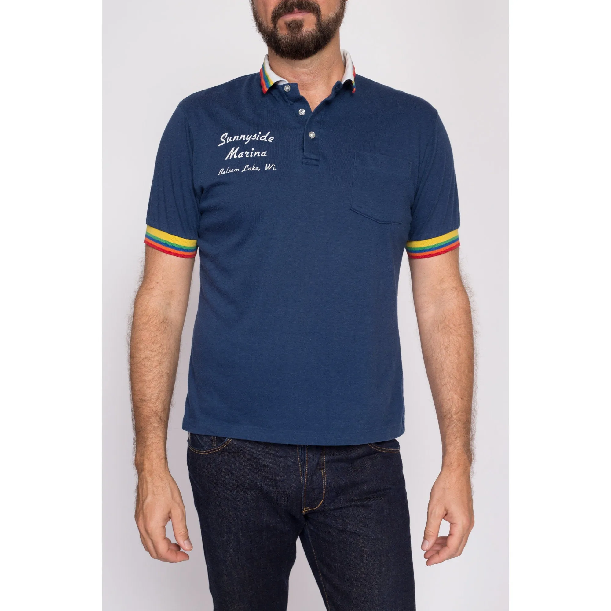 80s Rainbow Striped Polo Shirt - Men's Medium