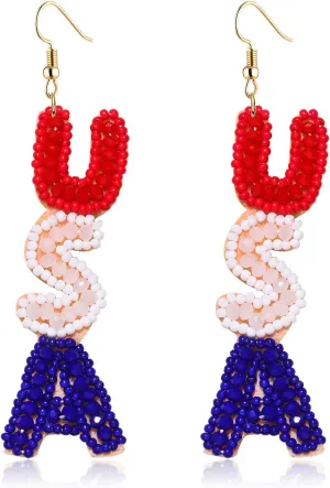 American Flag Earrings for Women Handmade Beaded 4th of July Earrings Patriotic Red White Blue USA Flag Lips Drop Dangle Earrings Independence Day Memorial Day Jewelry Gifts