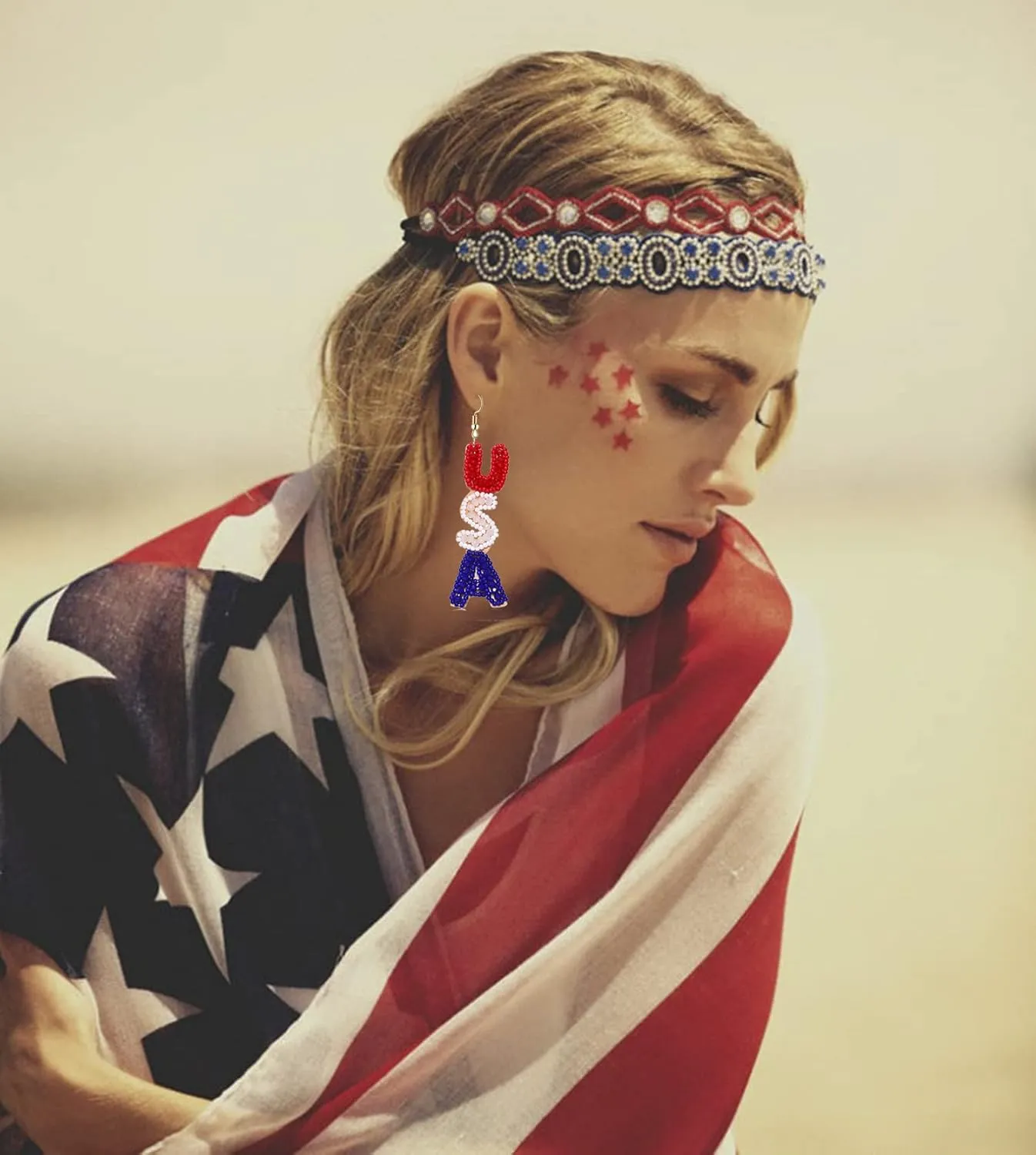American Flag Earrings for Women Handmade Beaded 4th of July Earrings Patriotic Red White Blue USA Flag Lips Drop Dangle Earrings Independence Day Memorial Day Jewelry Gifts