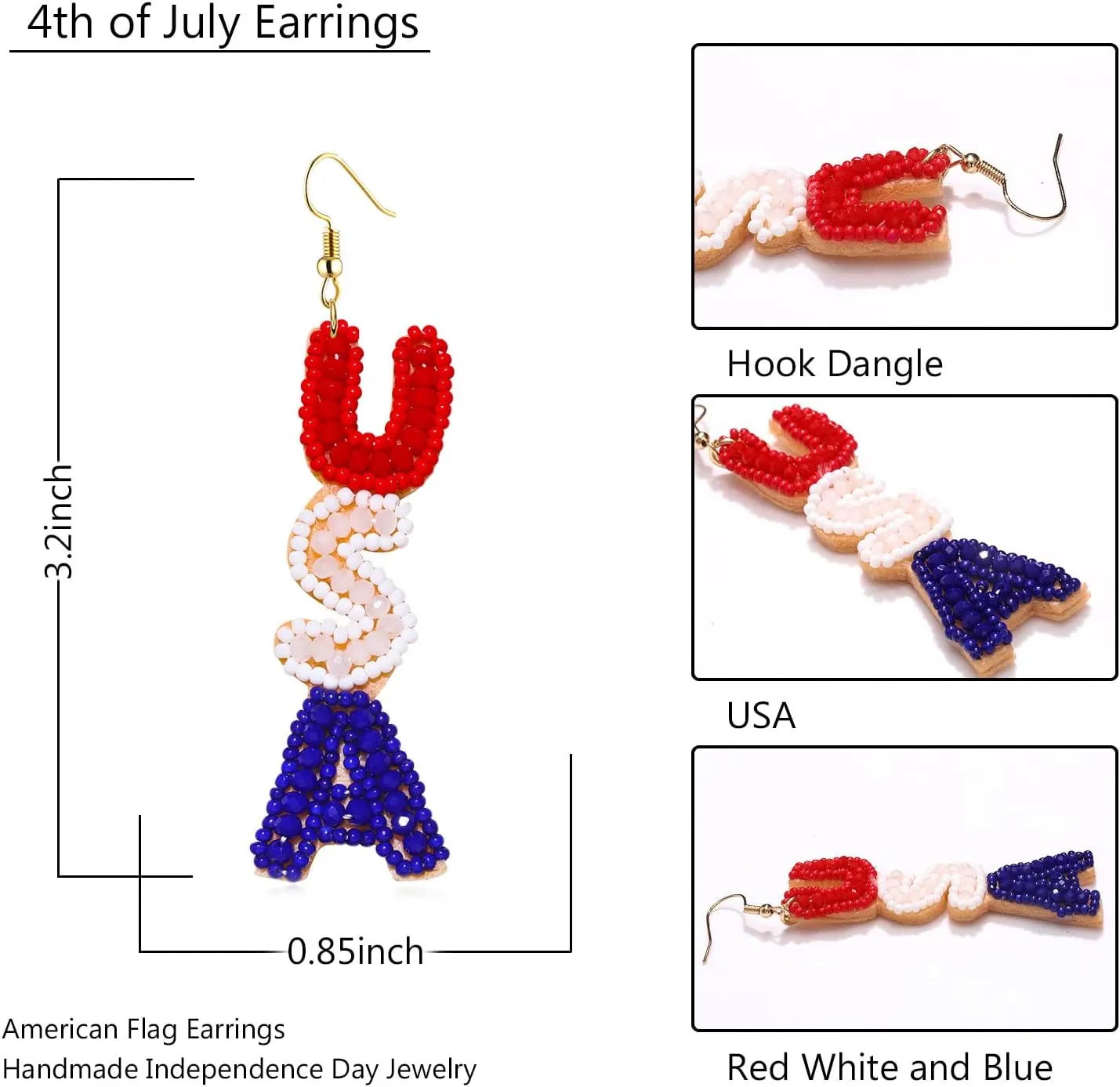 American Flag Earrings for Women Handmade Beaded 4th of July Earrings Patriotic Red White Blue USA Flag Lips Drop Dangle Earrings Independence Day Memorial Day Jewelry Gifts