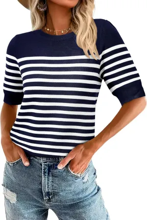 Amkoyam Women's 2025 Short Sleeve Crew Neck T Shirts Casual Striped Ribbed Knit Pullover Sweater Tops