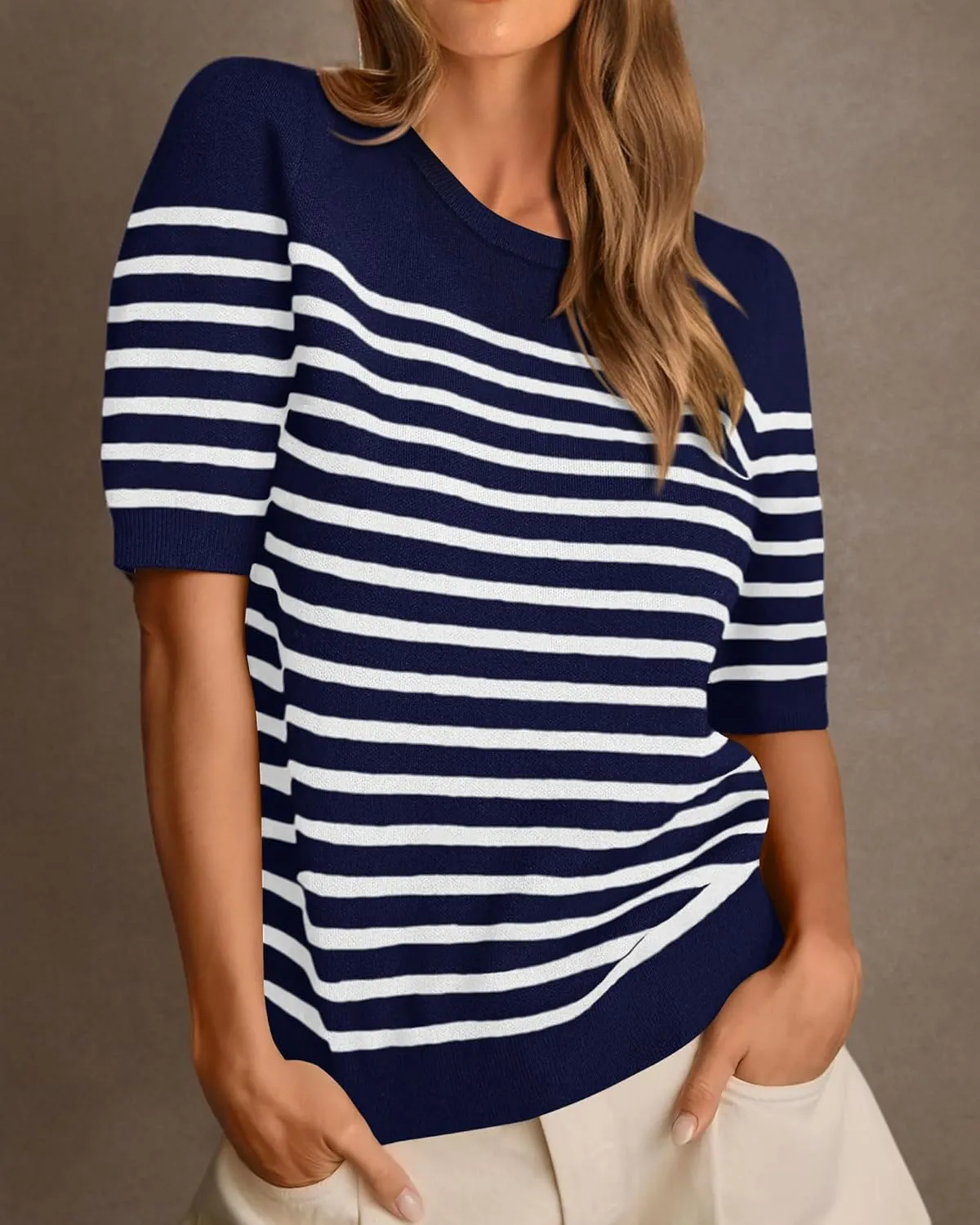 Amkoyam Women's 2025 Short Sleeve Crew Neck T Shirts Casual Striped Ribbed Knit Pullover Sweater Tops