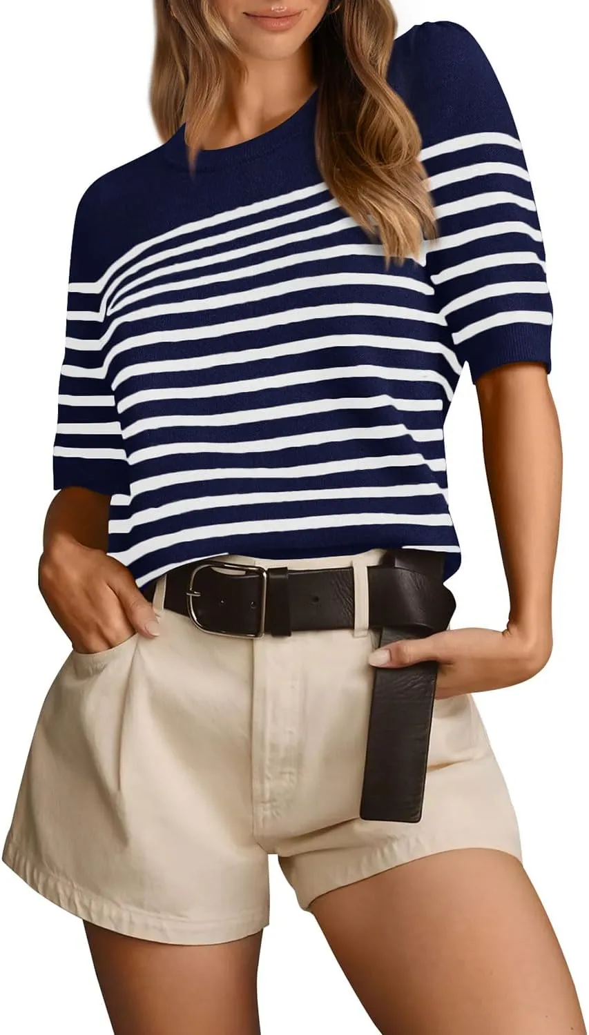Amkoyam Women's 2025 Short Sleeve Crew Neck T Shirts Casual Striped Ribbed Knit Pullover Sweater Tops