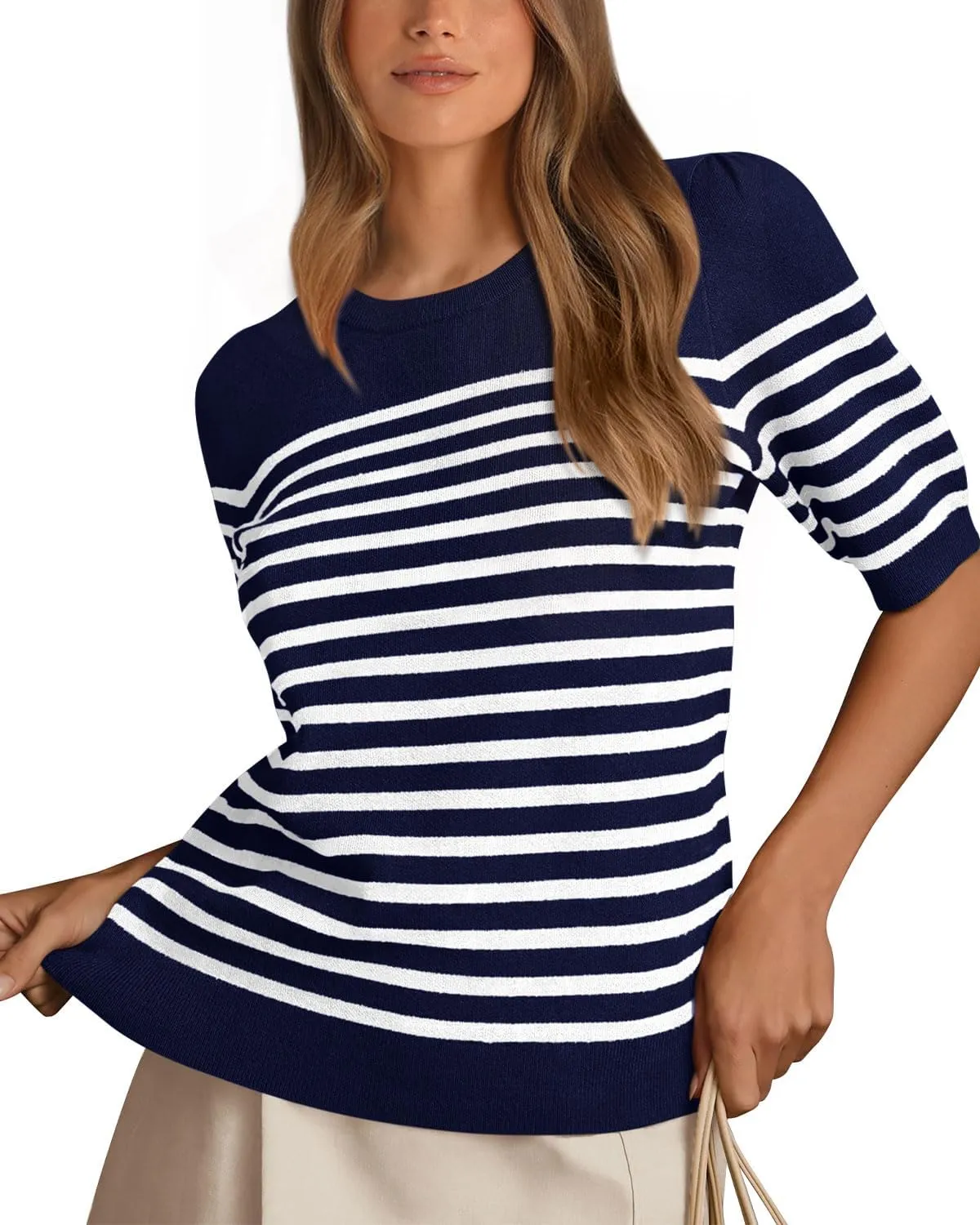 Amkoyam Women's 2025 Short Sleeve Crew Neck T Shirts Casual Striped Ribbed Knit Pullover Sweater Tops