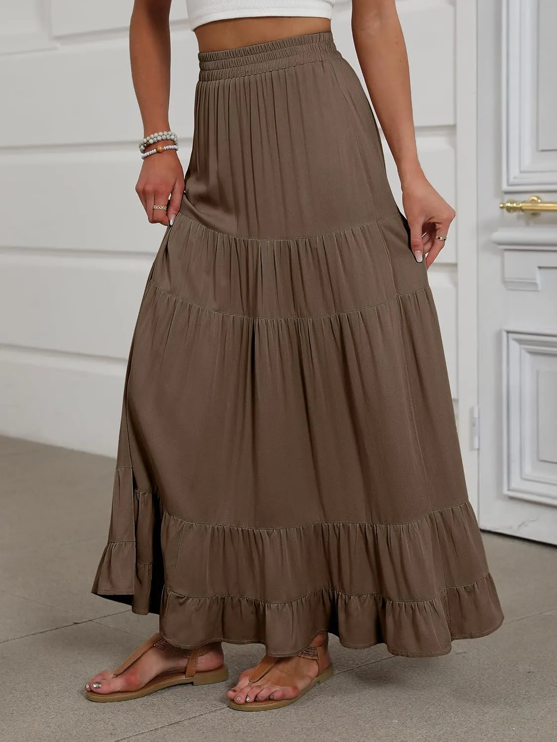 ANRABESS Womens Maxi Skirt Elastic High Waist Swing Tiered A-line Flowy Pleated Boho Beach Vacation Long Skirts