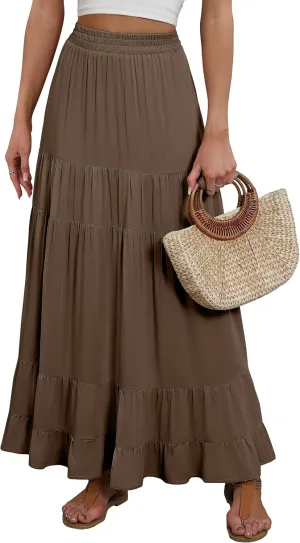 ANRABESS Womens Maxi Skirt Elastic High Waist Swing Tiered A-line Flowy Pleated Boho Beach Vacation Long Skirts