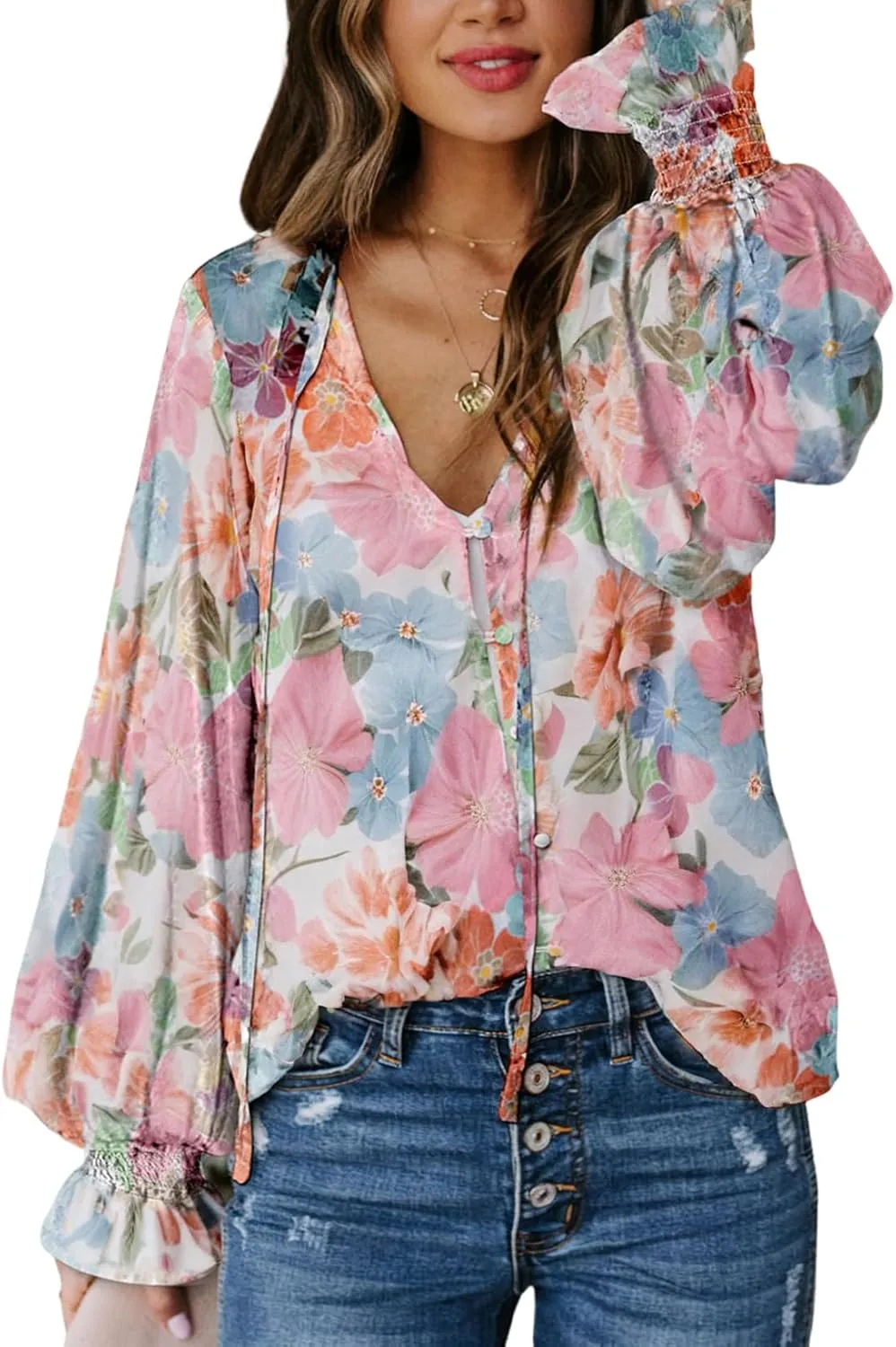 Biucly Women's Casual Boho Floral Print V Neck Long Sleeve Drawstring Tops Loose Blouses Button Down Shirts
