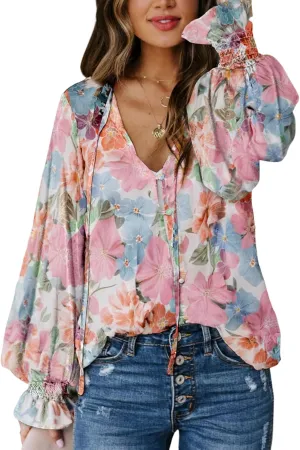 Biucly Women's Casual Boho Floral Print V Neck Long Sleeve Drawstring Tops Loose Blouses Button Down Shirts
