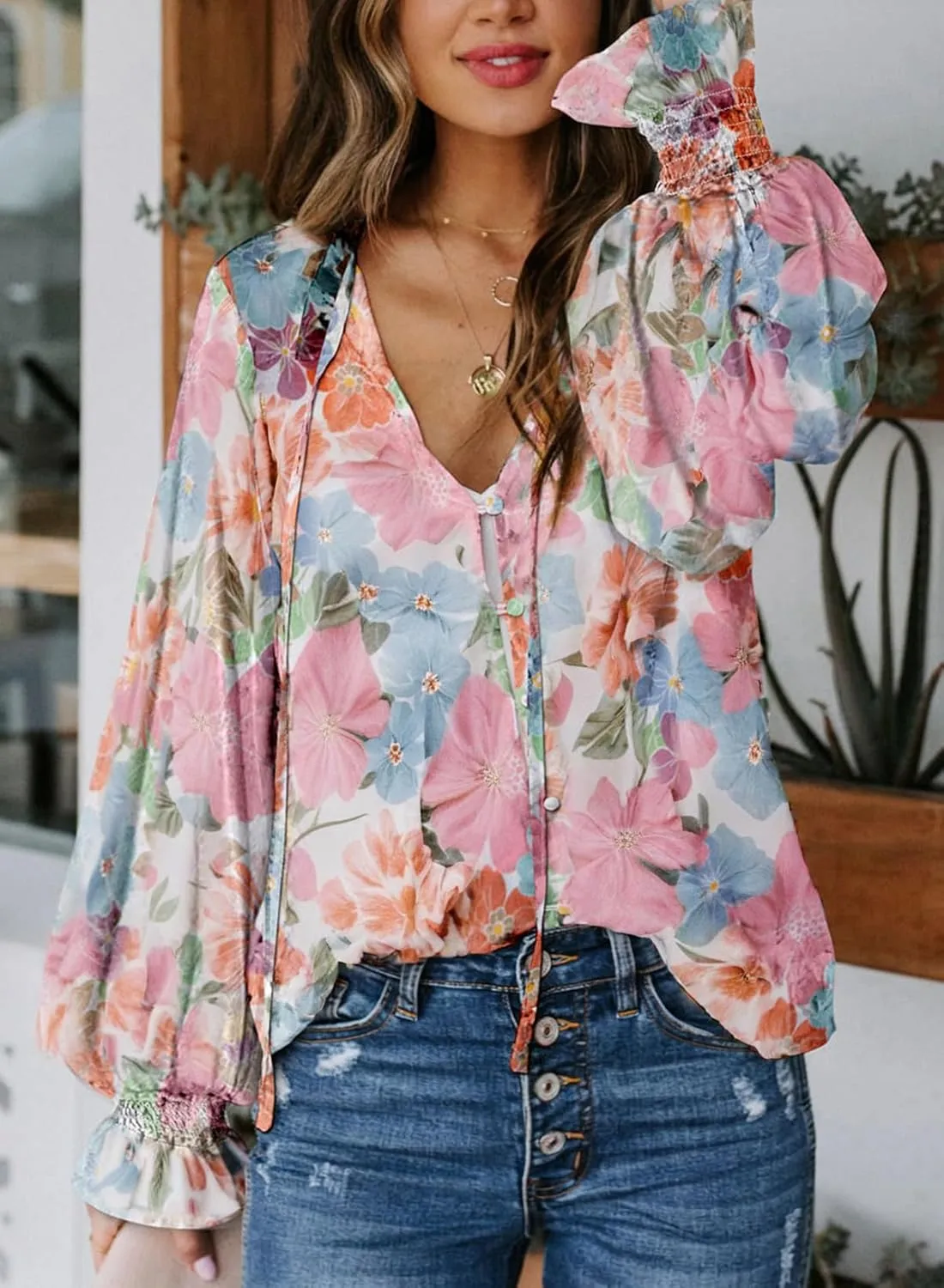Biucly Women's Casual Boho Floral Print V Neck Long Sleeve Drawstring Tops Loose Blouses Button Down Shirts