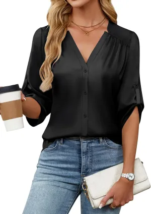 Blooming Jelly Womens Button Down Shirts 3/4 Sleeve Dressy Casual Tops Pleated Satin Silk Business Blouses 2025