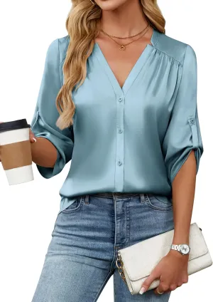 Blooming Jelly Womens Button Down Shirts 3/4 Sleeve Dressy Casual Tops Pleated Satin Silk Business Blouses 2025