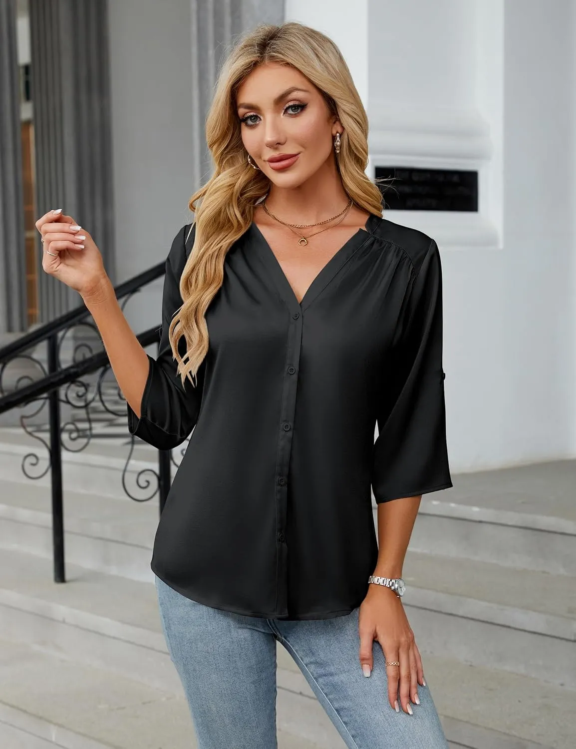 Blooming Jelly Womens Button Down Shirts 3/4 Sleeve Dressy Casual Tops Pleated Satin Silk Business Blouses 2025