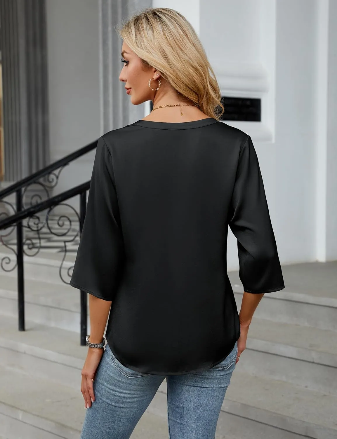 Blooming Jelly Womens Button Down Shirts 3/4 Sleeve Dressy Casual Tops Pleated Satin Silk Business Blouses 2025