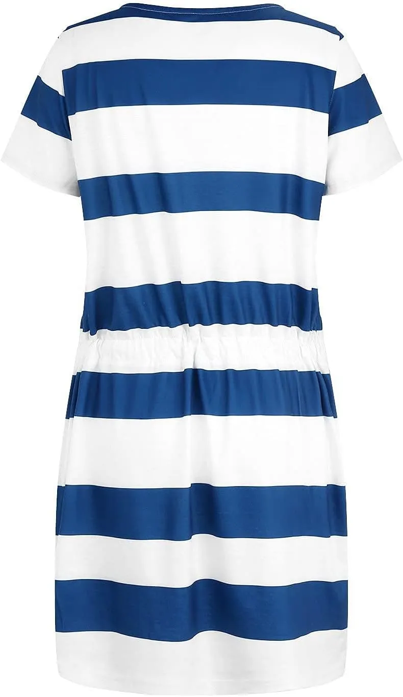 Casual Dresses for Women Short Sleeve Tie Waist Striped Mini Tshirt Dress Cute Summer Beach Sun Dresses with Pockets