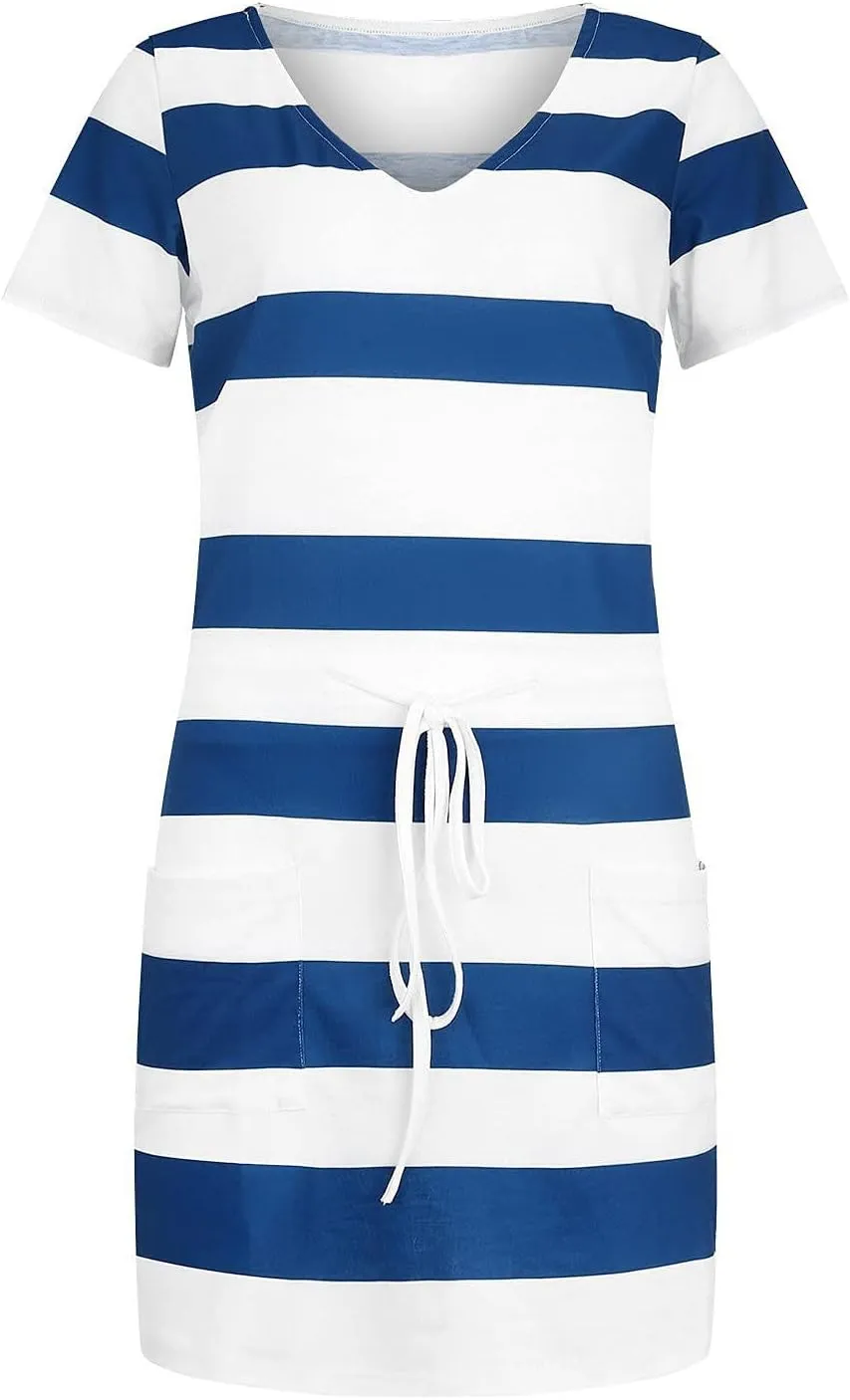 Casual Dresses for Women Short Sleeve Tie Waist Striped Mini Tshirt Dress Cute Summer Beach Sun Dresses with Pockets