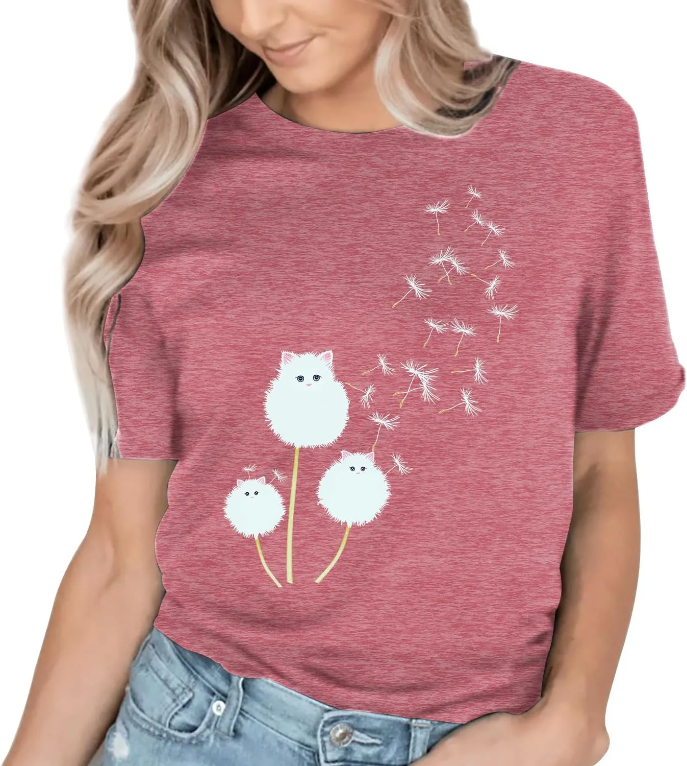 Cat Shirts for Women Flower Tee Shirts Womens Dandelion T-Shirt Cute Dandelion Cat Graphic Print Shirts