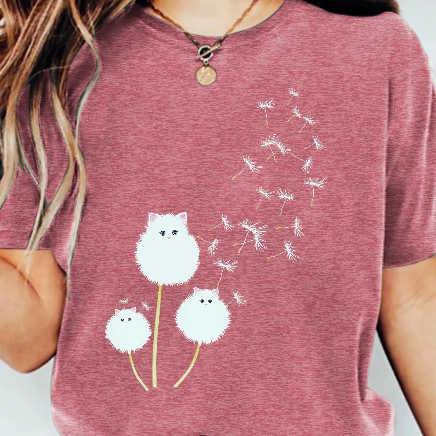 Cat Shirts for Women Flower Tee Shirts Womens Dandelion T-Shirt Cute Dandelion Cat Graphic Print Shirts