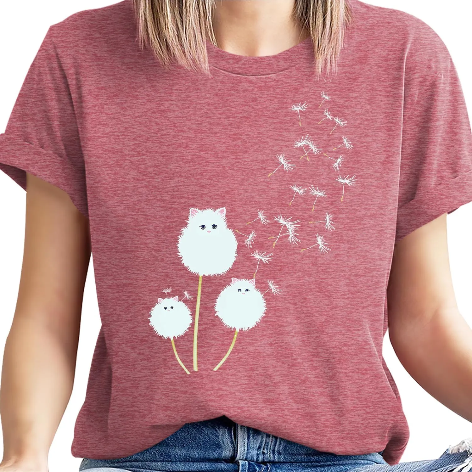 Cat Shirts for Women Flower Tee Shirts Womens Dandelion T-Shirt Cute Dandelion Cat Graphic Print Shirts