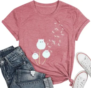 Cat Shirts for Women Flower Tee Shirts Womens Dandelion T-Shirt Cute Dandelion Cat Graphic Print Shirts