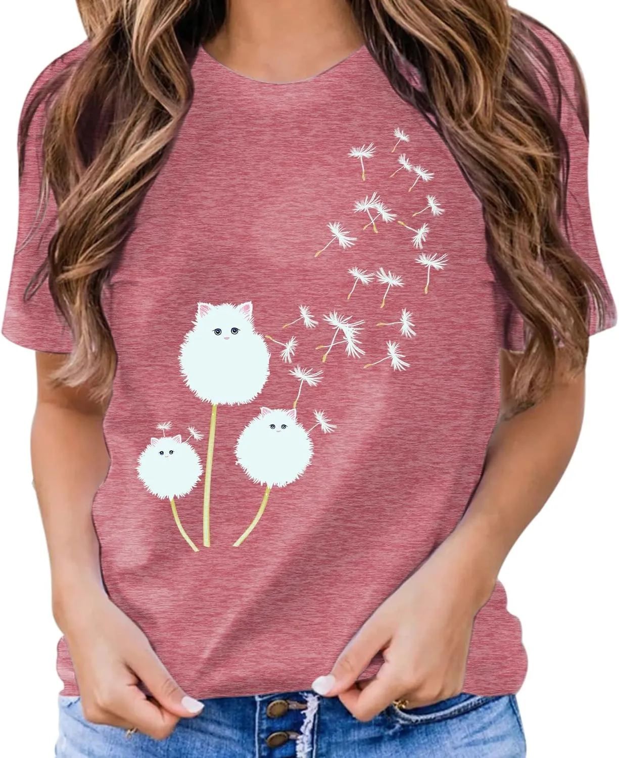 Cat Shirts for Women Flower Tee Shirts Womens Dandelion T-Shirt Cute Dandelion Cat Graphic Print Shirts