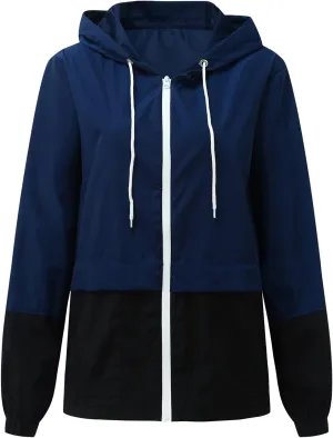 Cdiecer Women's Raincoat Waterproof Windbreaker Hoodie Sunscreen Zipper Jacket Lightweight Outdoor Hiking Color Block Jacket