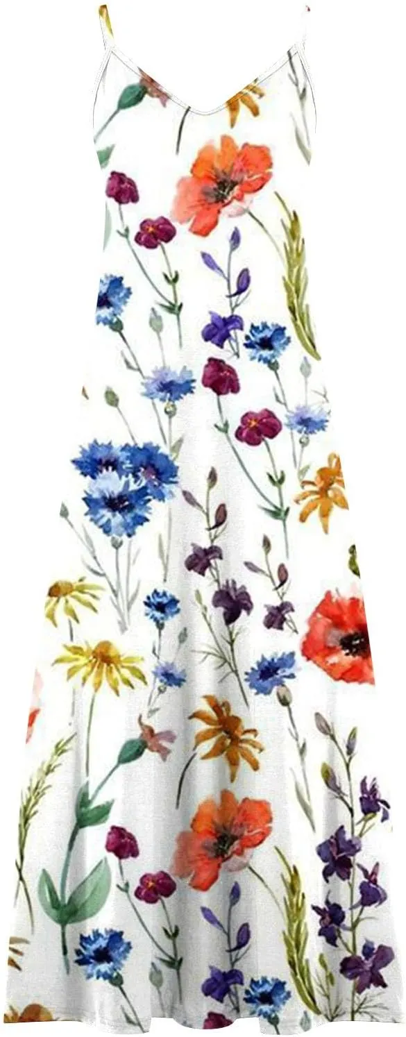 Ceboyel Women Floral Spaghetti Strap Sundress Casual Summer Long Maxi Dress Vneck Sexy Boho Dresses Trendy Beach Clothes 2024
