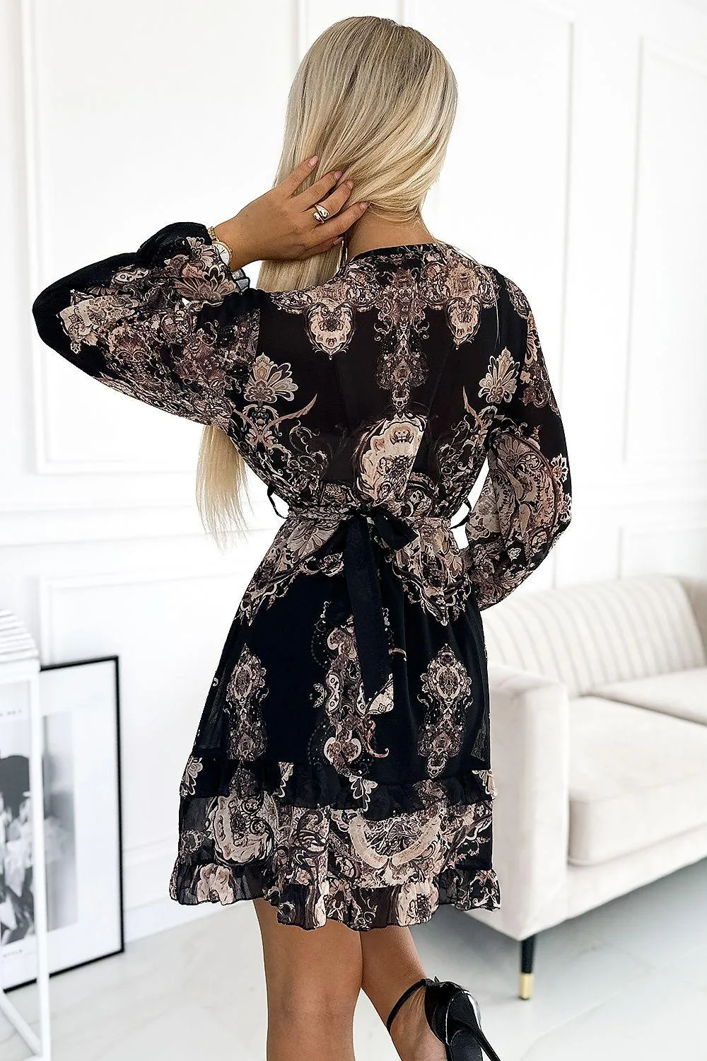 Chic Ruffle Chiffon Cocktail Dress with Belt and Envelope Neckline