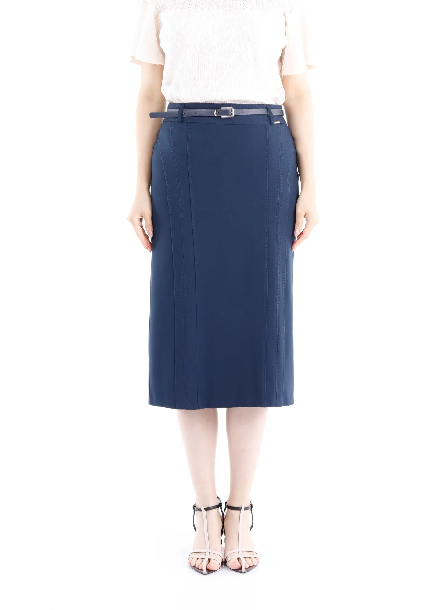 Classic Navy High Waisted Midi Pencil Skirt with Belt