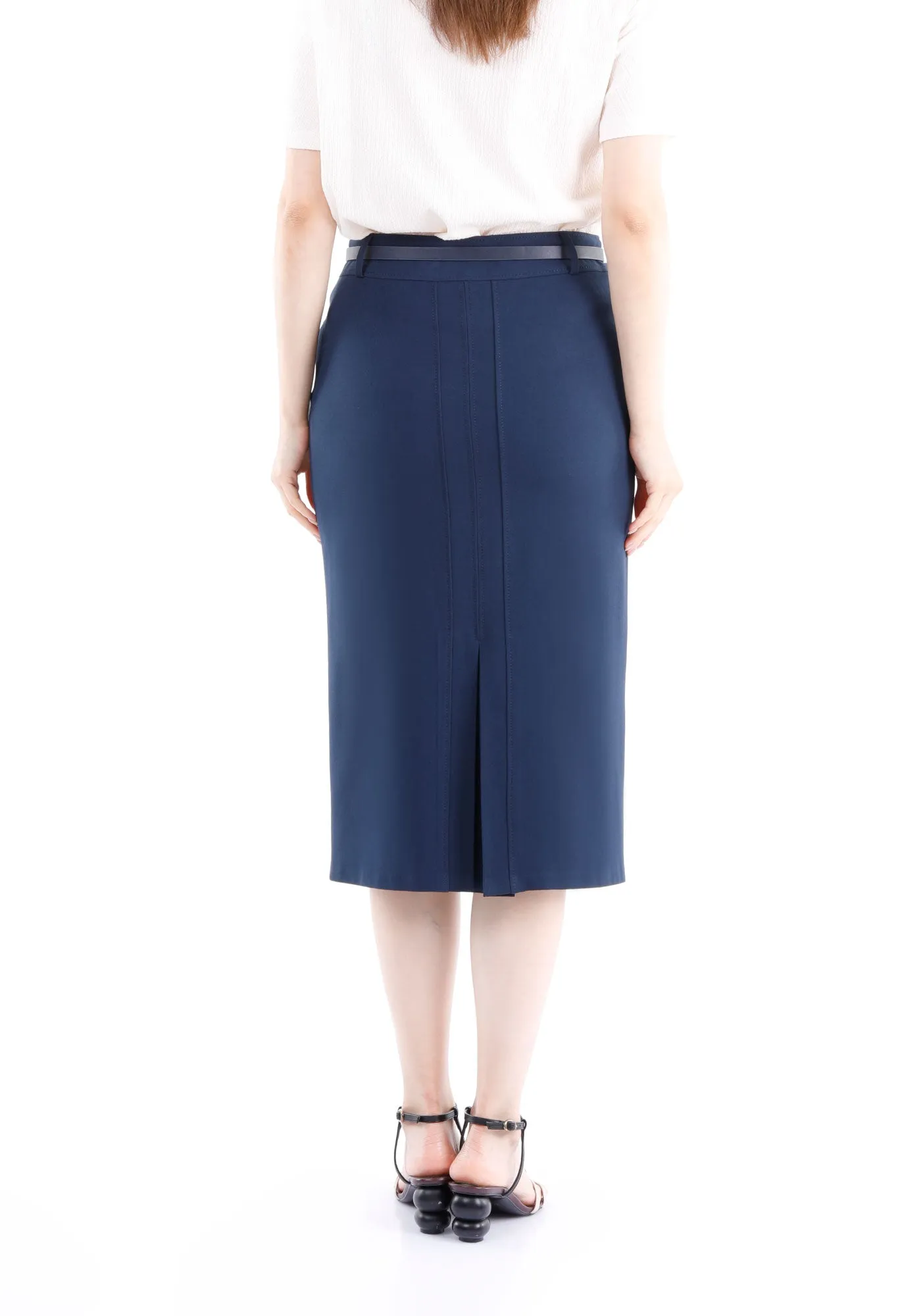 Classic Navy High Waisted Midi Pencil Skirt with Belt