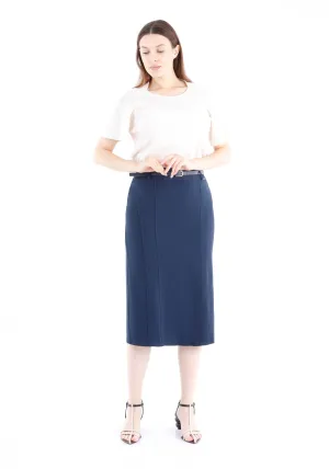 Classic Navy High Waisted Midi Pencil Skirt with Belt