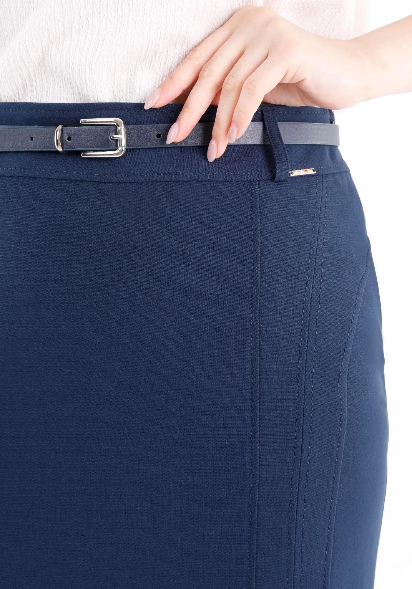 Classic Navy High Waisted Midi Pencil Skirt with Belt