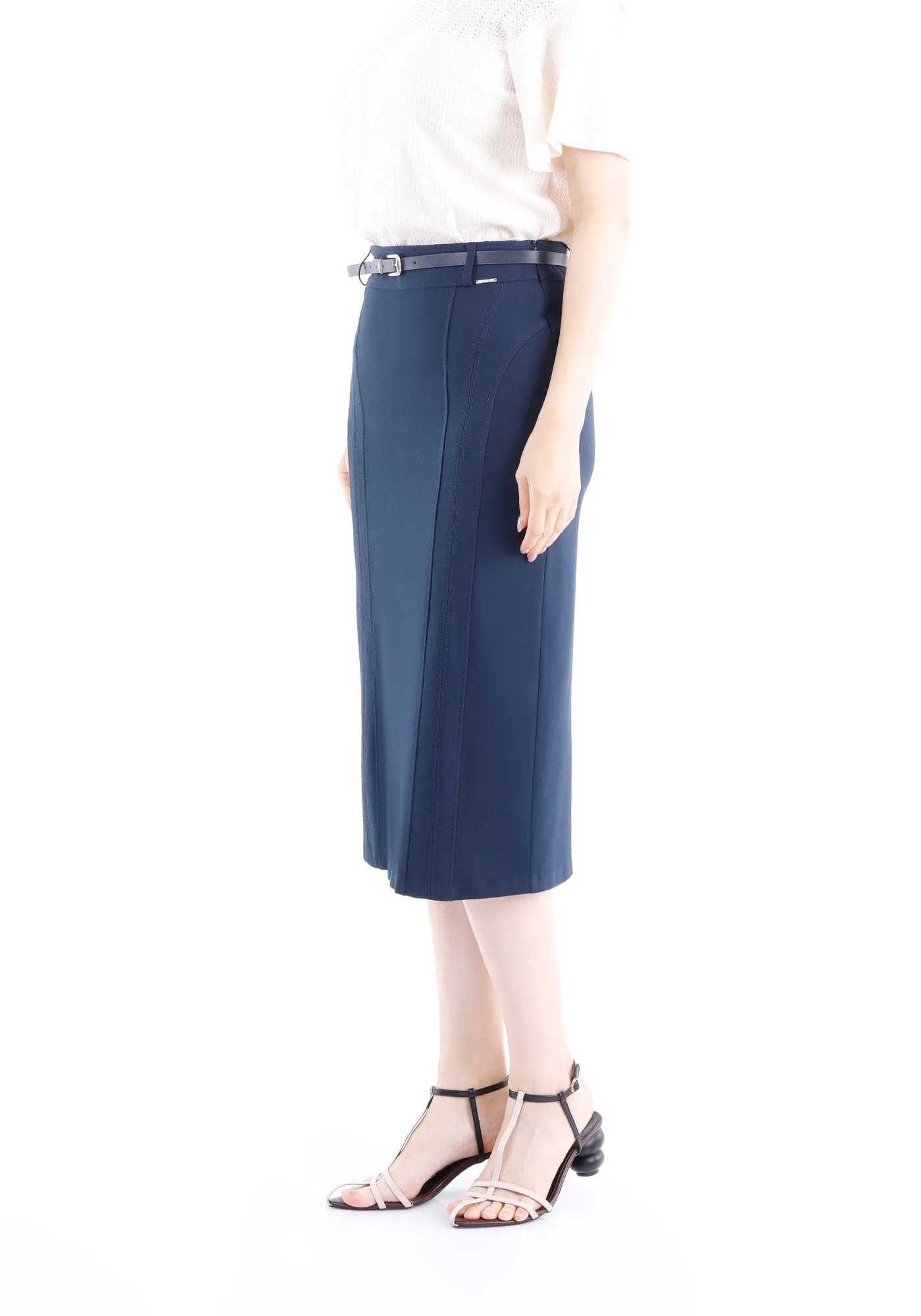 Classic Navy High Waisted Midi Pencil Skirt with Belt