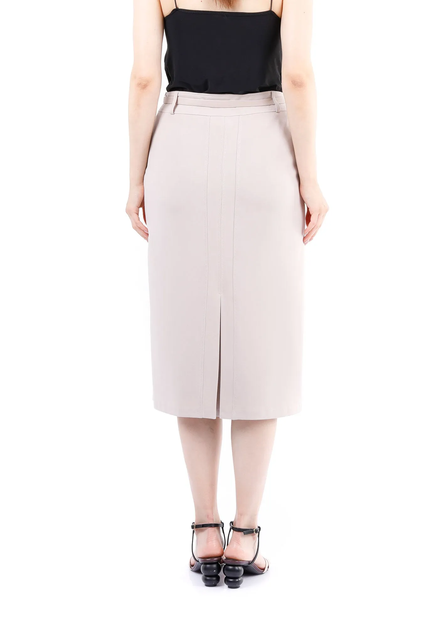Classic Stone High Waisted Midi Pencil Skirt with Belt