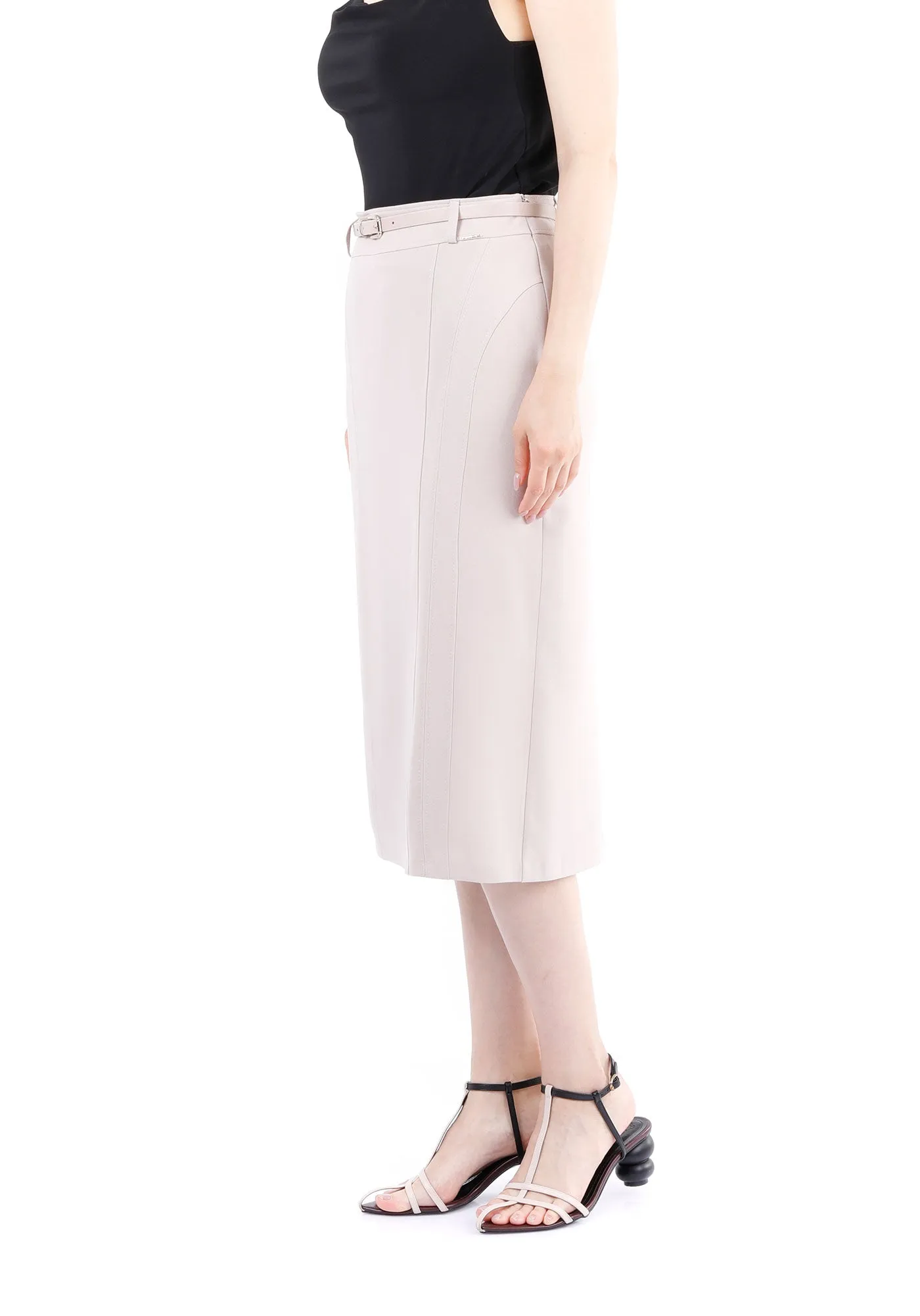 Classic Stone High Waisted Midi Pencil Skirt with Belt