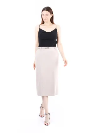 Classic Stone High Waisted Midi Pencil Skirt with Belt