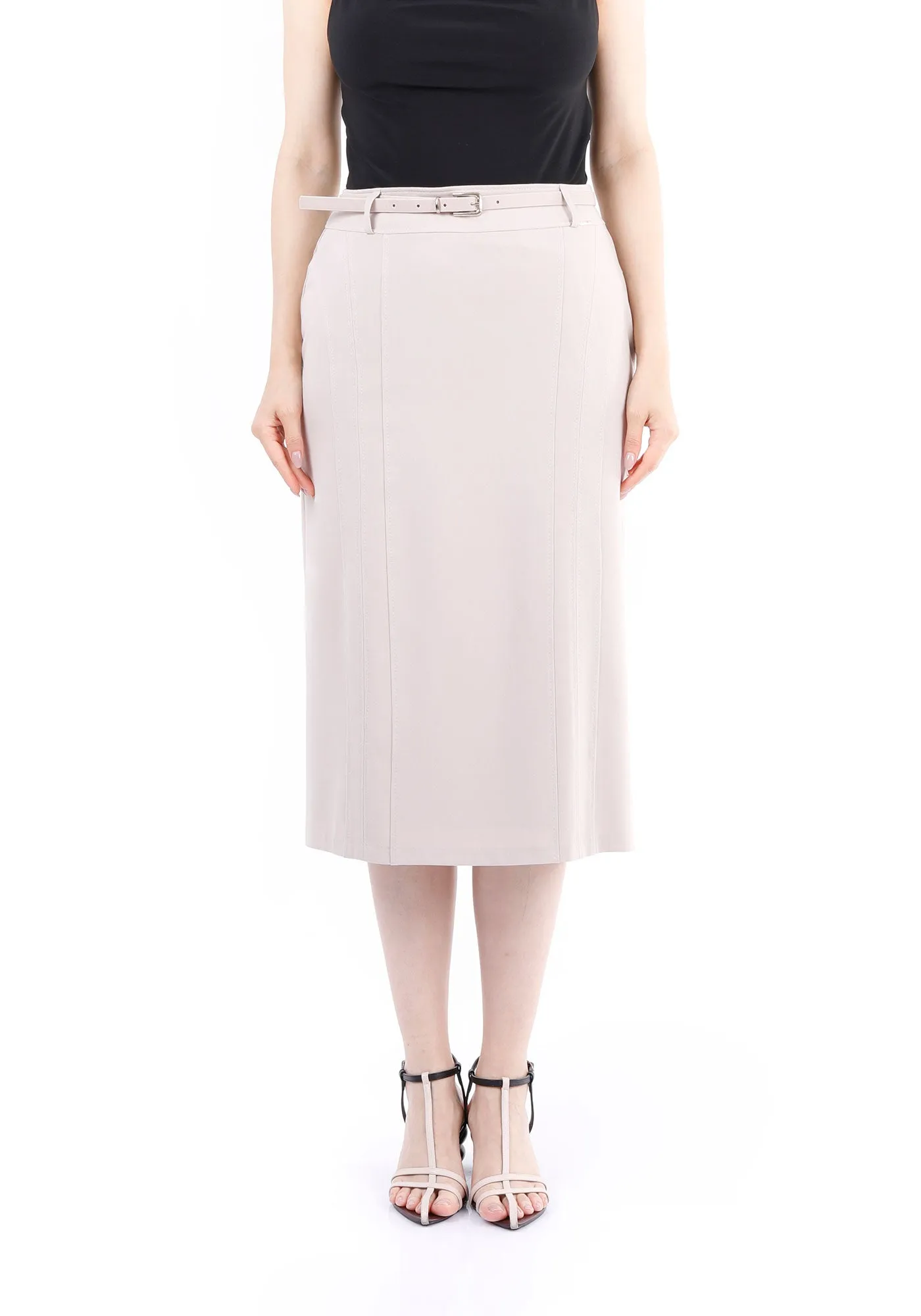 Classic Stone High Waisted Midi Pencil Skirt with Belt