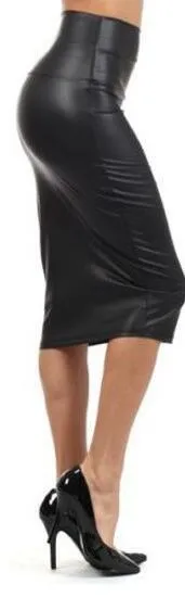 Clearance Faux Leather Pure Color Elastic Bodycon Pencil Skirt