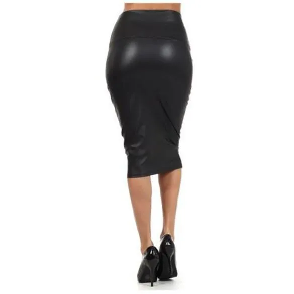Clearance Faux Leather Pure Color Elastic Bodycon Pencil Skirt