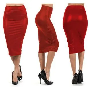 Clearance Faux Leather Pure Color Elastic Bodycon Pencil Skirt