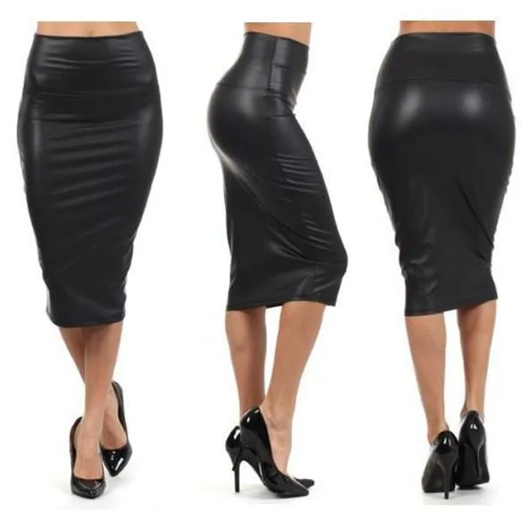 Clearance Faux Leather Pure Color Elastic Bodycon Pencil Skirt