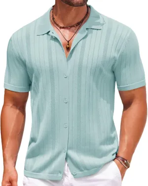 COOFANDY Mens Knit Button Down Shirts Crochet Polo Shirts Vintage Short Sleeve Textured Shirts Summer Beach Tops