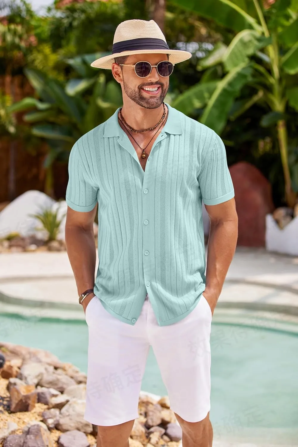 COOFANDY Mens Knit Button Down Shirts Crochet Polo Shirts Vintage Short Sleeve Textured Shirts Summer Beach Tops
