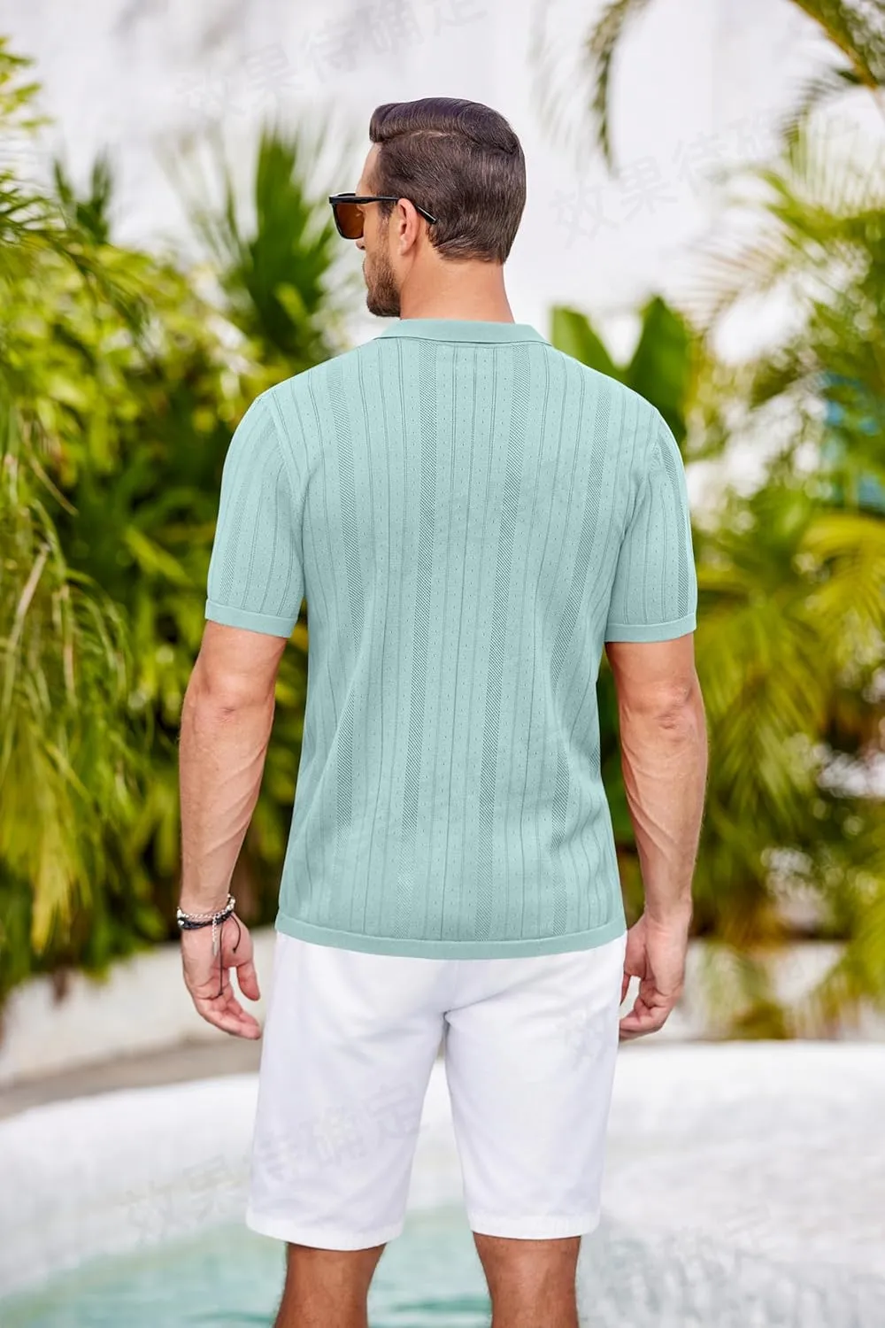 COOFANDY Mens Knit Button Down Shirts Crochet Polo Shirts Vintage Short Sleeve Textured Shirts Summer Beach Tops