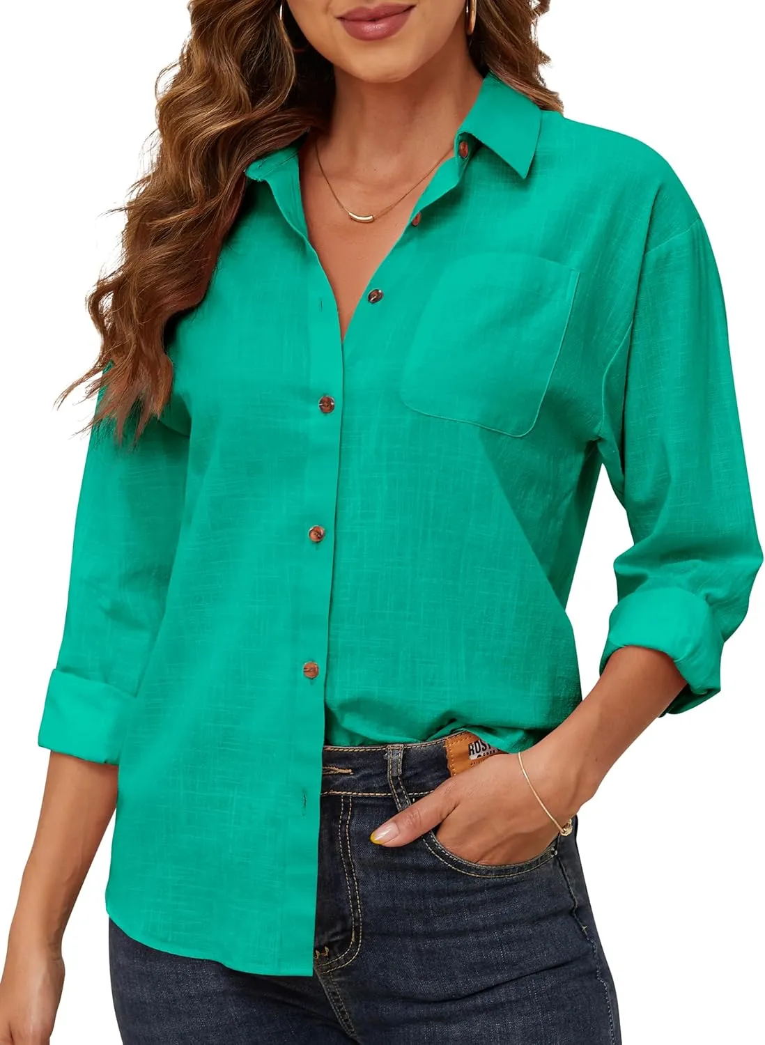 CUNLIN Women's Button Down Shirts Long Sleeve Cotton Summer Beach Wear for Women with Pocket