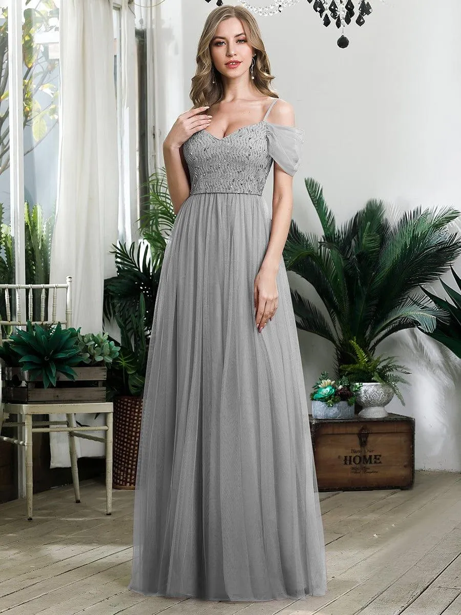 Custom Size Sequin Bodice Cold Shoulder Floor Length Tulle Bridesmaid Dress