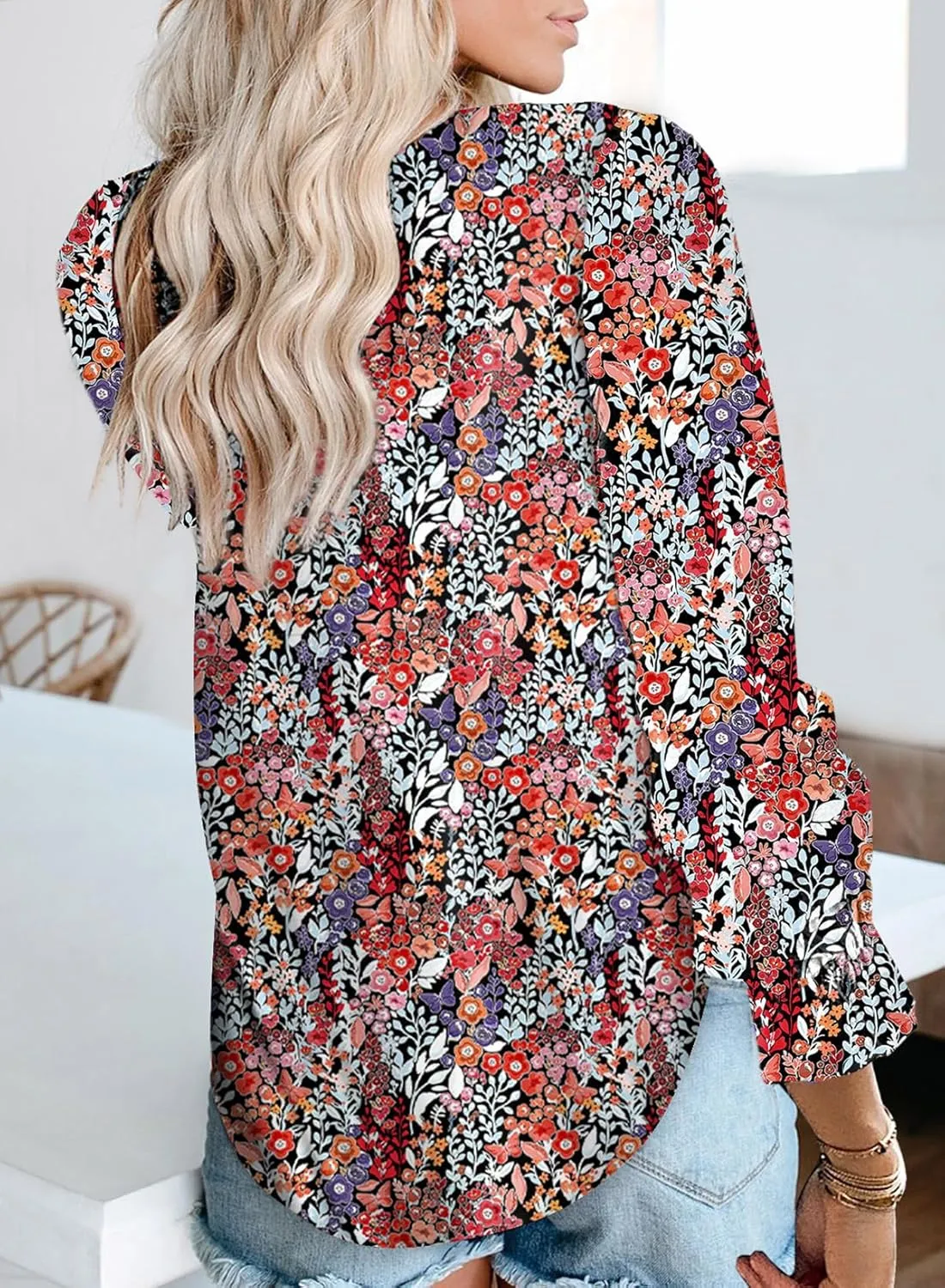 Dokotoo Women's Casual Boho Floral Printed V Neck Tops Drawstring Short Long Sleeve T Shirt Blouses